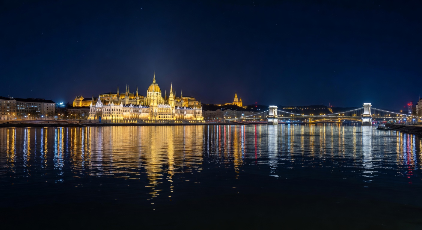 Budapest skyline om natten med refleksjon av Parlamentet i Donau-elven
