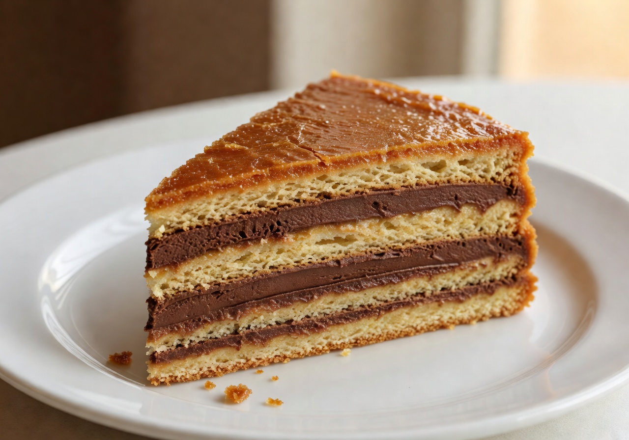 Et stykke Dobos Torte med karamelltopp og sjokoladelag