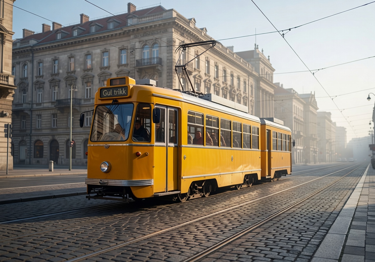 Klassisk gul trikk langs Donau i Budapest