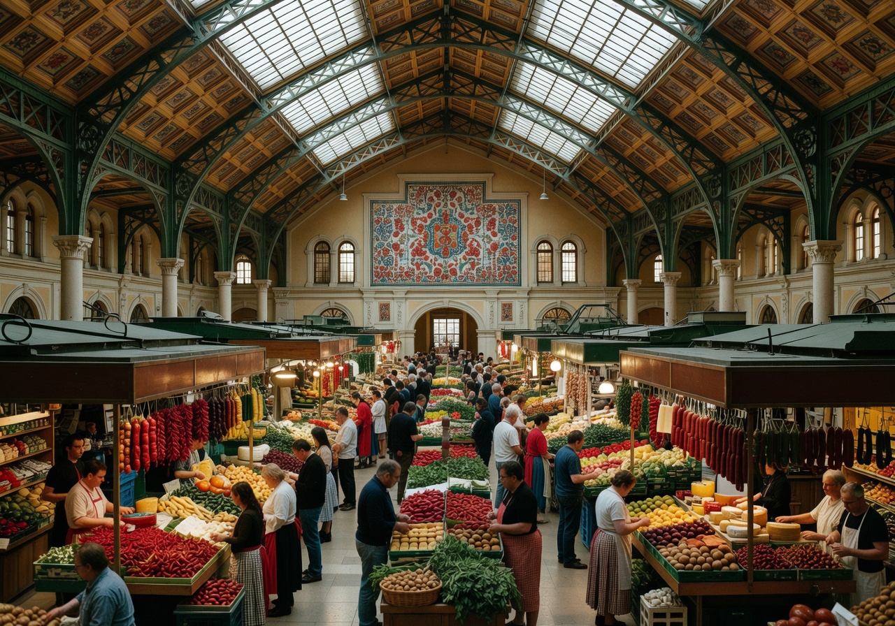 Innsiden av den Store Markedshallen i Budapest med fargerike boder