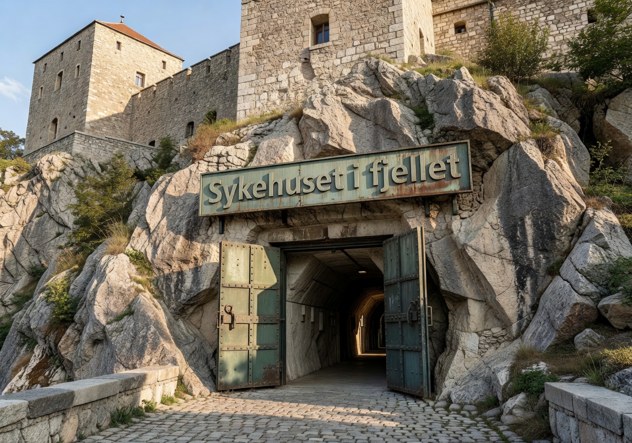 Skilt for Sykehuset i fjellet (Hospital in the Rock) under Buda slott
