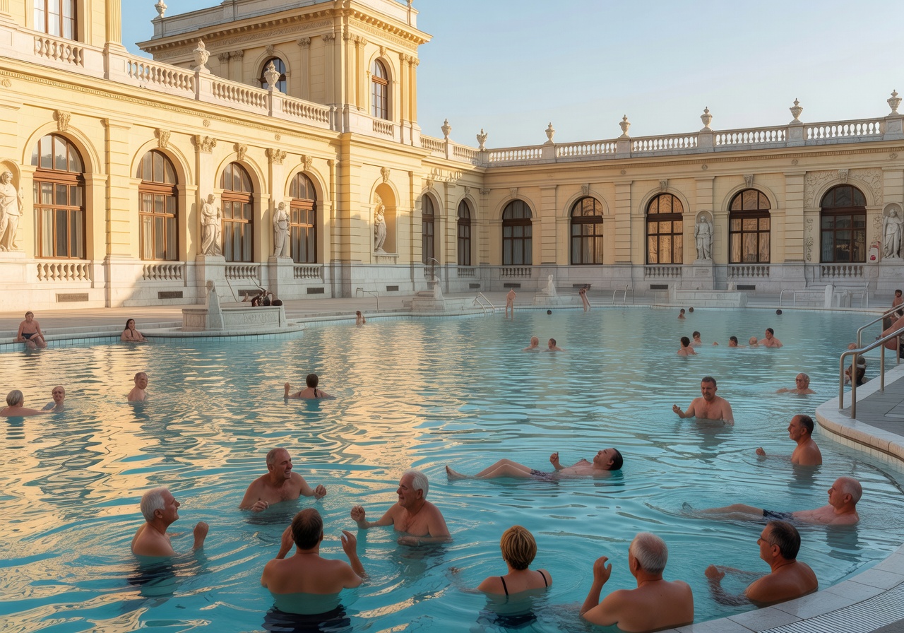 Gule vegger rundt utendørsbassengene ved Széchenyi termalbad